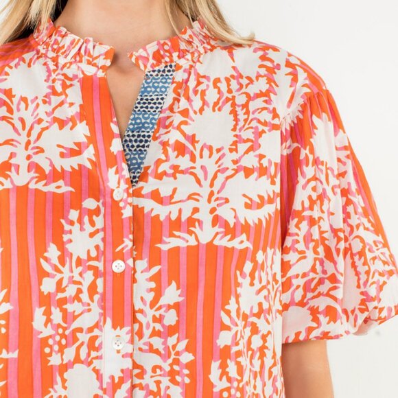 NWT THML Coral Botanical Stripe Puff Sleeve Blouse - Picture 2 of 4